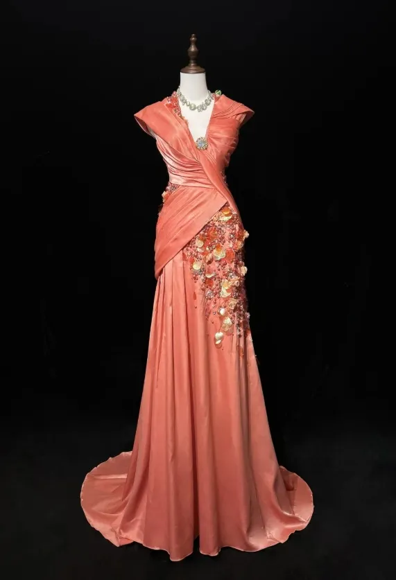 Bright Orange Mermaid V-Neck Satin Beaded Long Prom Dress Sequined Evening Gown HZ1108