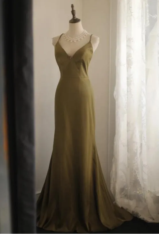 Mermaid V-Neck Satin Long Prom Dress Elegant Spaghetti Strap Formal Dress HZ1108