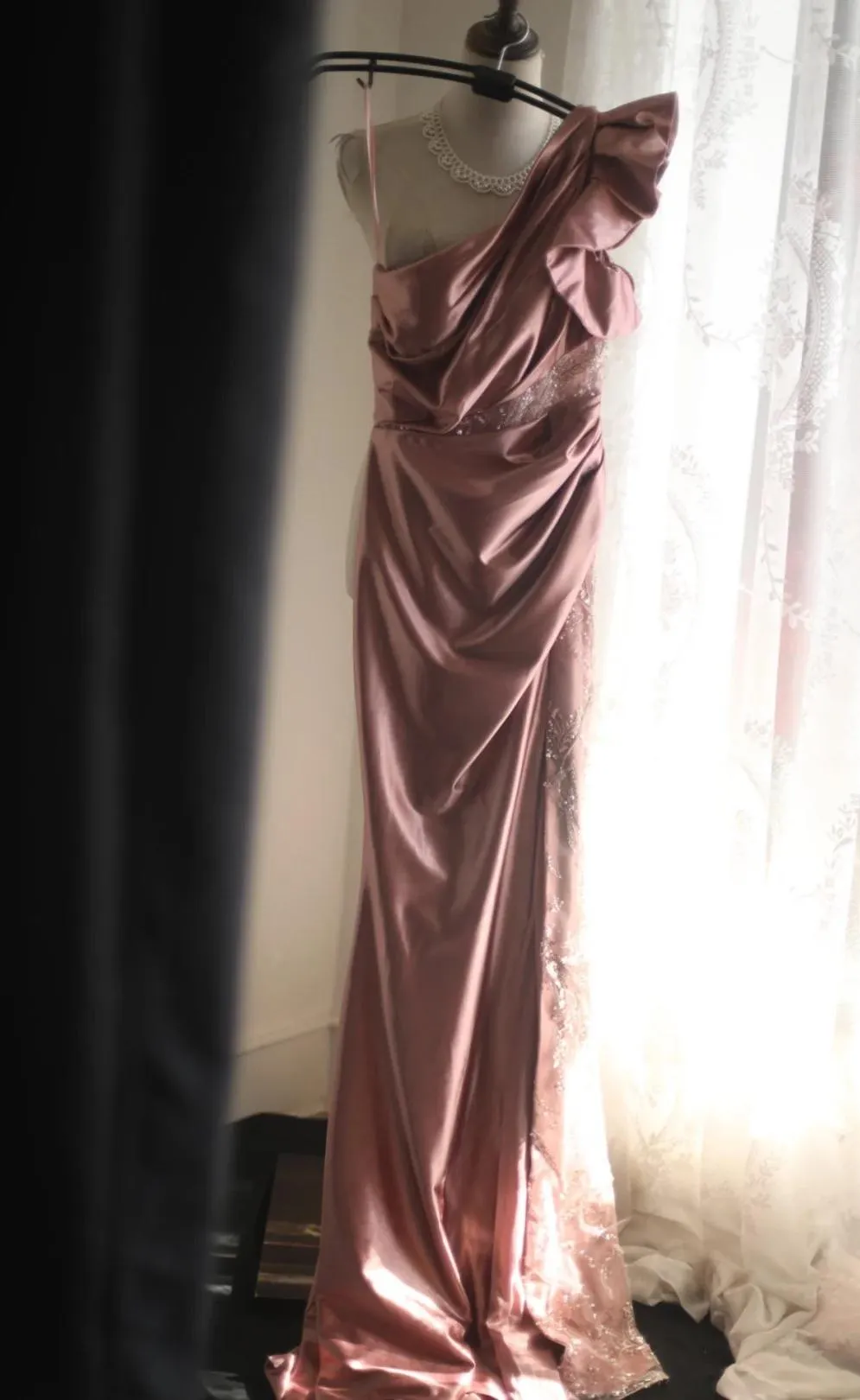Pink Mermaid One Shoulder Satin Beaded Sequin Long Prom Dress Bridalmaid Dress HZ1108 - Image 3
