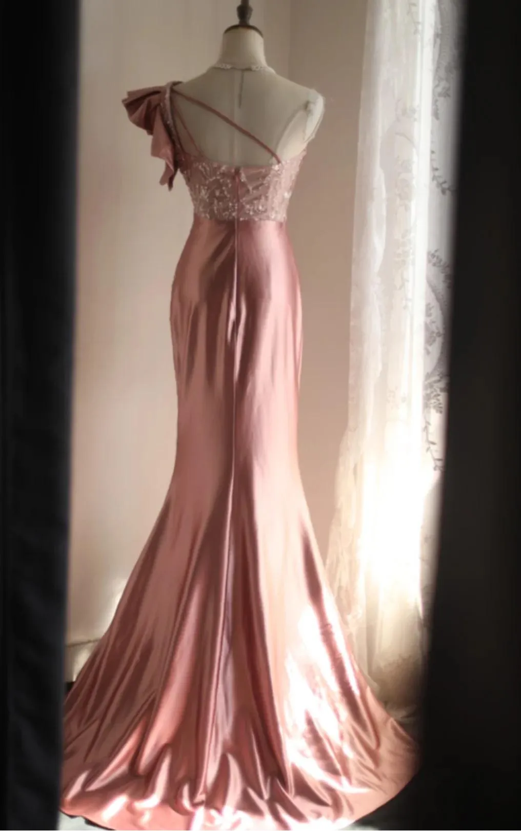Pink Mermaid One Shoulder Satin Beaded Sequin Long Prom Dress Bridalmaid Dress HZ1108 - Image 5