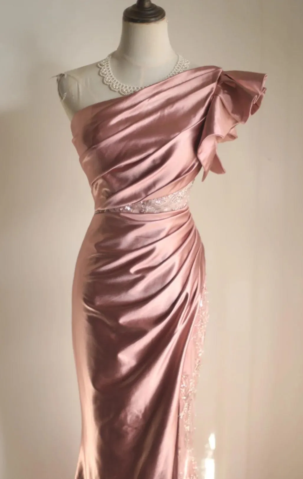 Pink Mermaid One Shoulder Satin Beaded Sequin Long Prom Dress Bridalmaid Dress HZ1108 - Image 2