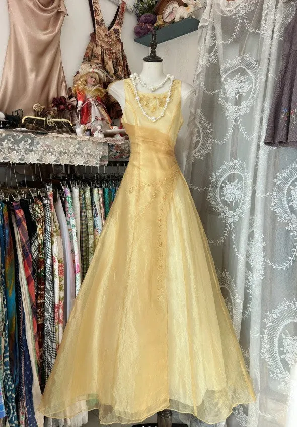 Vintage Yellow A-Line Boat Neck Tulle Long Prom Dress Simple Embroidery Applique Evening Dress HZ1108
