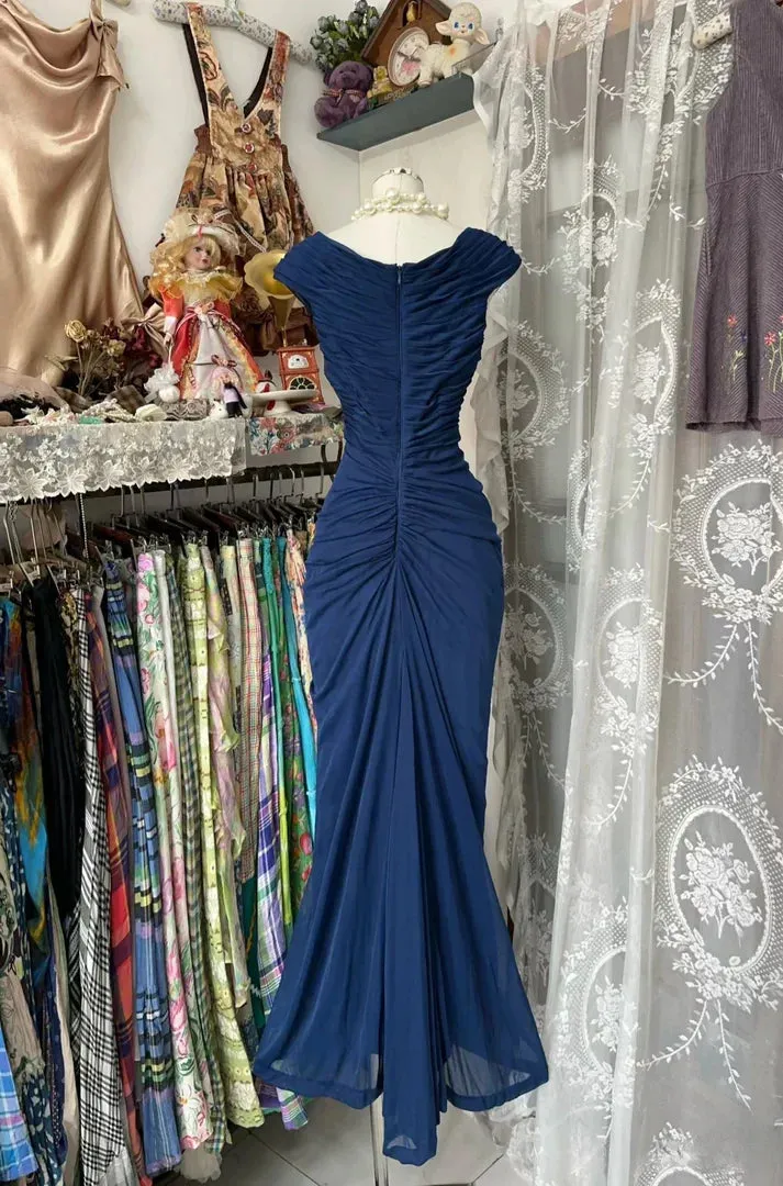 ??Vintage Midnight Blue Mermaid Gown ??V Neck Pretty Prom Dress for Events&Party HZ1108 - Image 3