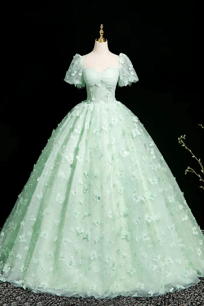 Green A-Line Tulle Beaded Sequin Long Prom Dress, Beautiful 3D Butterfly Evening Dress HZ1108