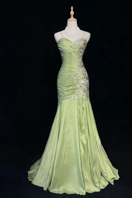 Vintage Green Mermaid Spaghetti Strap Satin Beaded Sequin Long Prom Dress Sweetheart Neck Evening Dress HZ1108
