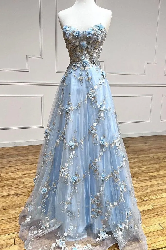 Blue A-Line Sweetheart Tulle Appliques Long Prom Dress, Strapless Evening Dress HZ1108