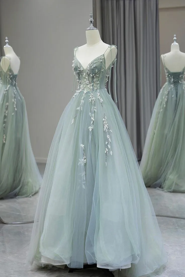 A-Line V Neck Tulle Beaded Applique Long Prom Dress, Spaghetti Strap Formal Evening Dress HZ1108