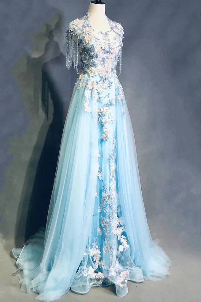 Modest Sky Blue A-Line Tulle Beading Embroidery Appliques Long Prom Dress Pageant Gown HZ1108 - Image 5