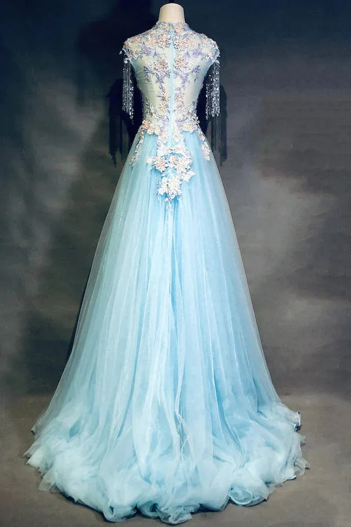 Modest Sky Blue A-Line Tulle Beading Embroidery Appliques Long Prom Dress Pageant Gown HZ1108 - Image 6