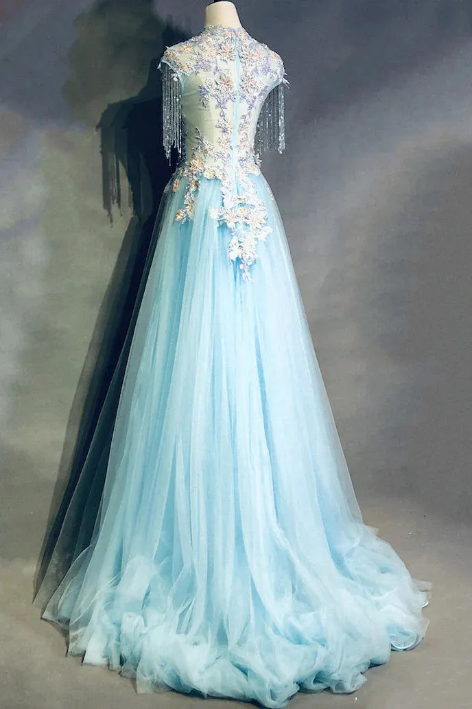 Modest Sky Blue A-Line Tulle Beading Embroidery Appliques Long Prom Dress Pageant Gown HZ1108 - Image 3