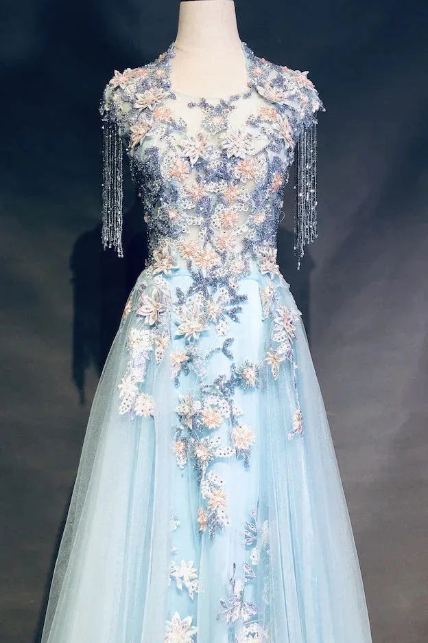 Modest Sky Blue A-Line Tulle Beading Embroidery Appliques Long Prom Dress Pageant Gown HZ1108 - Image 4