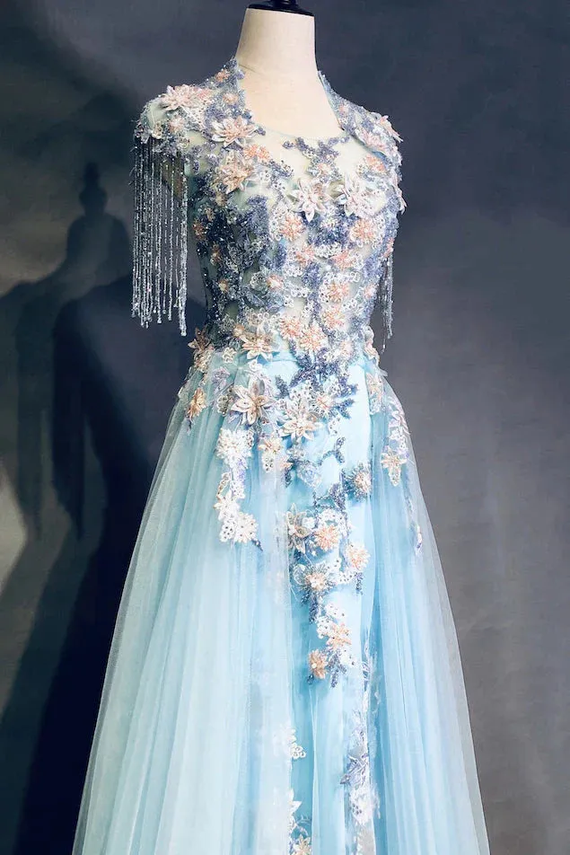 Modest Sky Blue A-Line Tulle Beading Embroidery Appliques Long Prom Dress Pageant Gown HZ1108 - Image 2