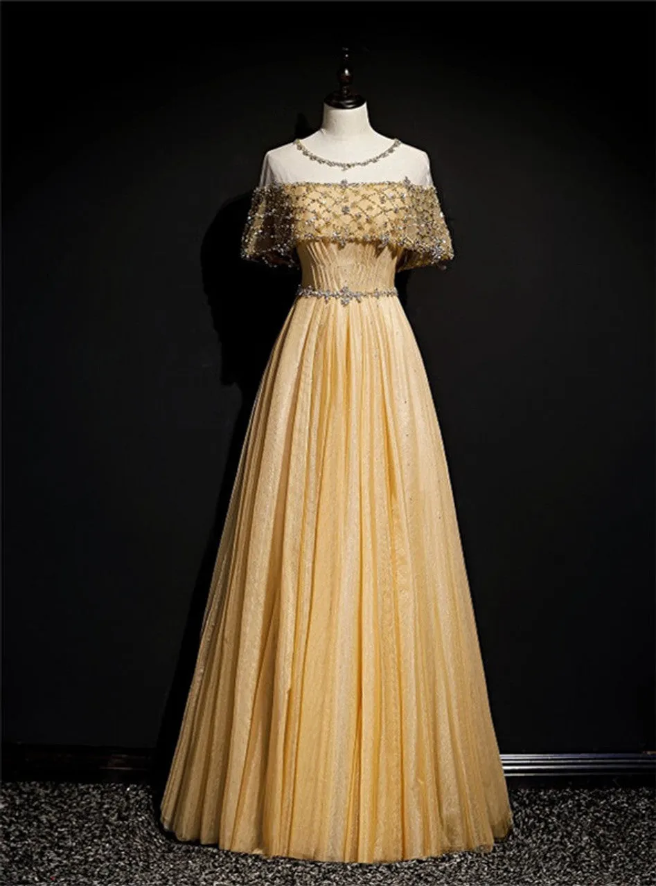 Gold A-Line Tulle Beading Sequins Long Prom Dress Lotus Leaf Sleeve Evening Dress HZ1108