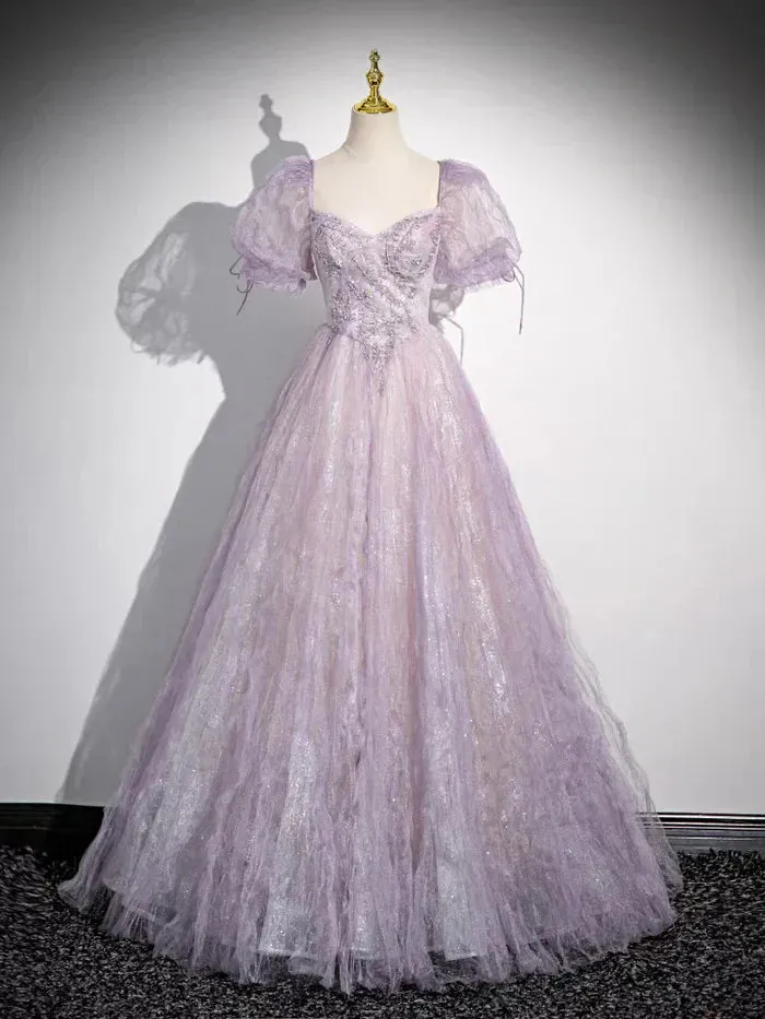 Sweet Lilac A-Line Sweetheart Tulle Beaded Long Prom Dress Puffy Sleeves Graduation Dress HZ1108