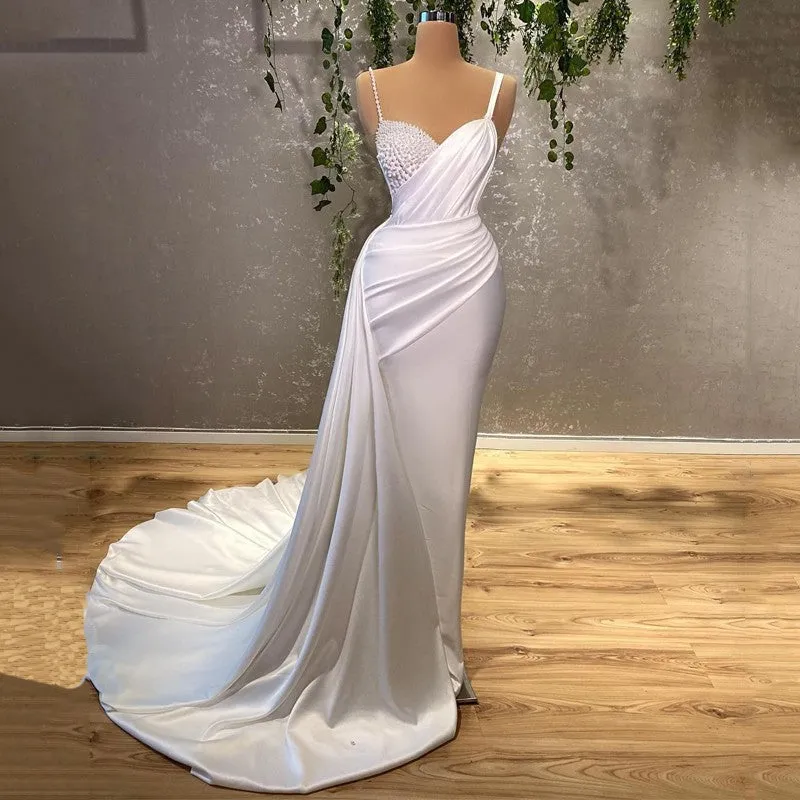 Elegant White Mermaid Sweetheart Satin Beaded Long Prom Dress Formal Spaghetti Strap Evening Gown HZ1108