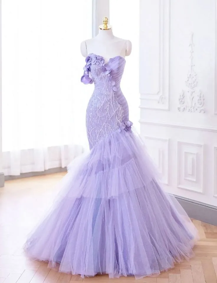 Purple Mermaid Sweetheart Neck Tulle Beaded Long Prom Dress Strapless Sequin Applique Birthday Evening Dress HZ1108