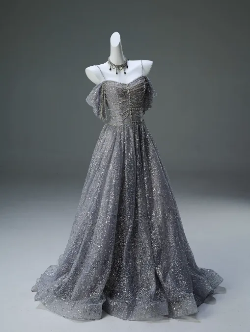 A-Line Spaghetti Strap Mesh Sequin Long Prom Dress Graduation Prom Adult Ceremony Dress HZ1108