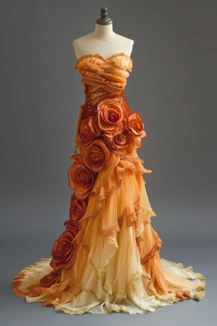 Gradient Orange Mermaid Sweetheart Neck Beaded Long Prom Dress Layered Lace Applique Wedding Dress Evening HZ1108