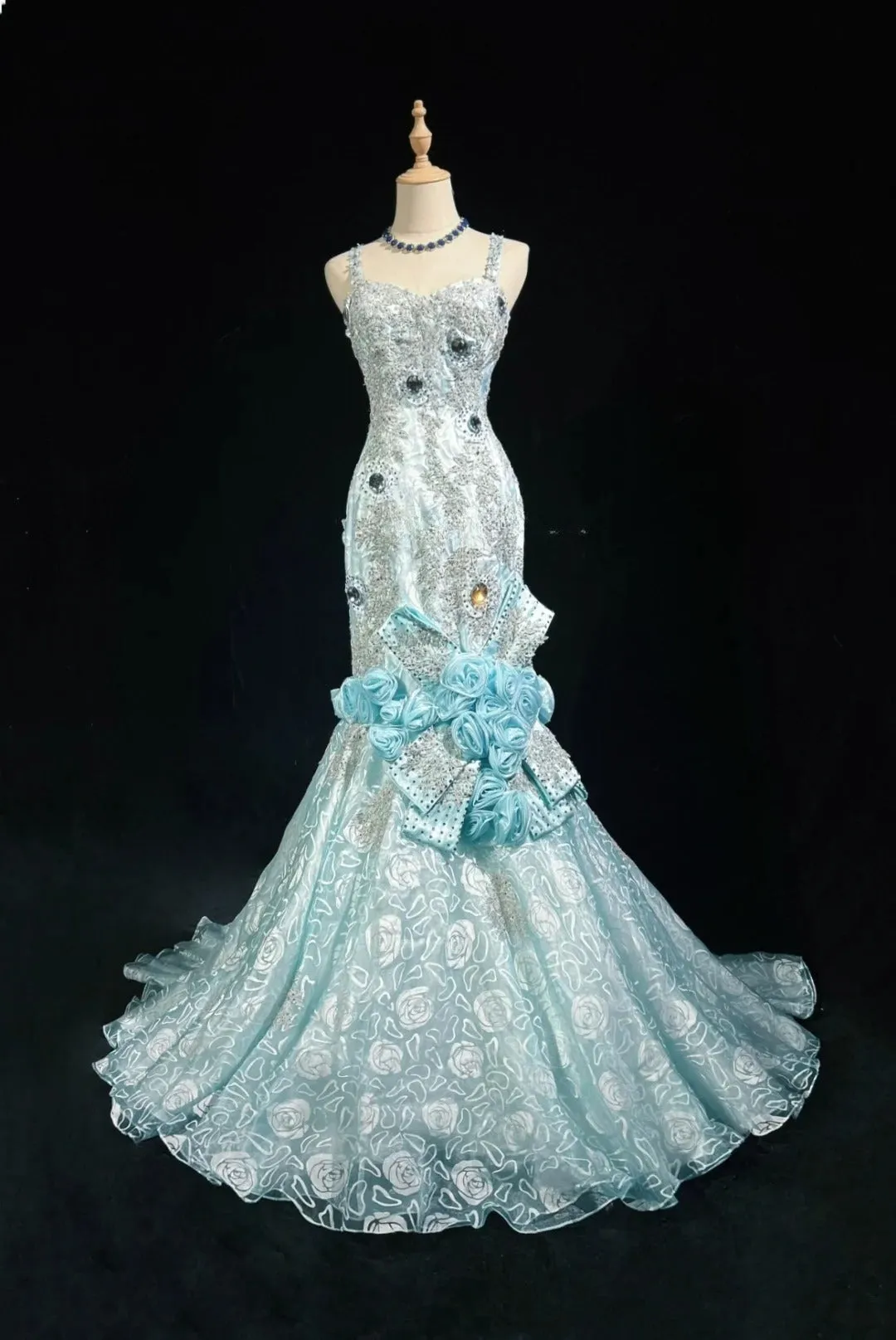 Sky Blue Mermaid Spaghetti Straps Organza Diamond Long Prom Dress Lace Floral Evening Gown HZ1108