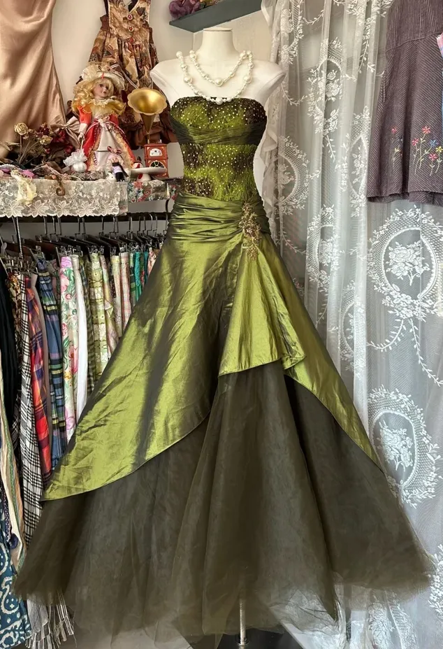 Vintage Mermaid Strapless Olive Green Satin Tulle Long Prom Dress Sequin Beaded Evening Dress HZ1108