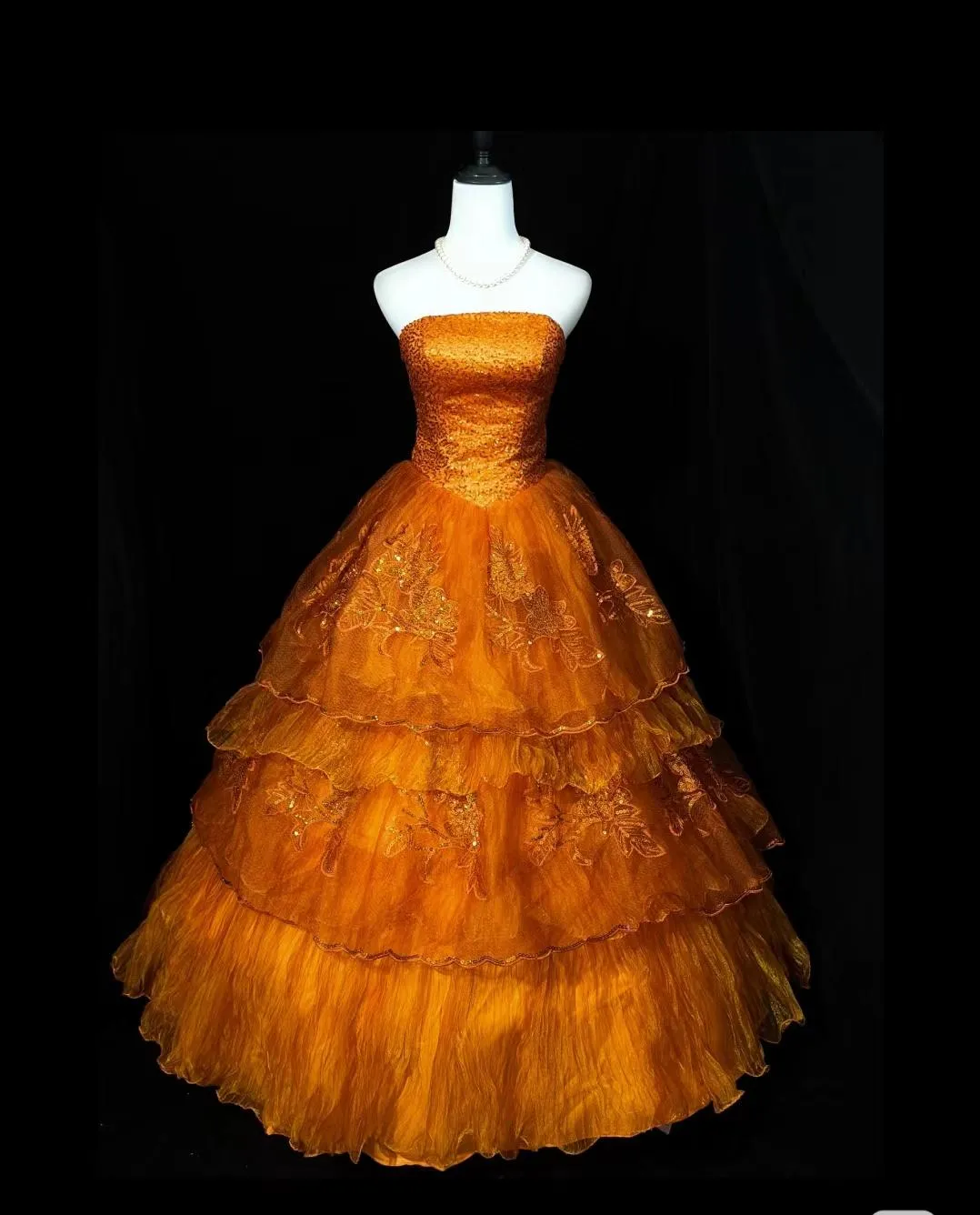 Retro Orange A-Line Strapless Tulle Sequin Long Prom Dress Gorgeous Sweet 16 Dress Quinceanera Dress HZ1108