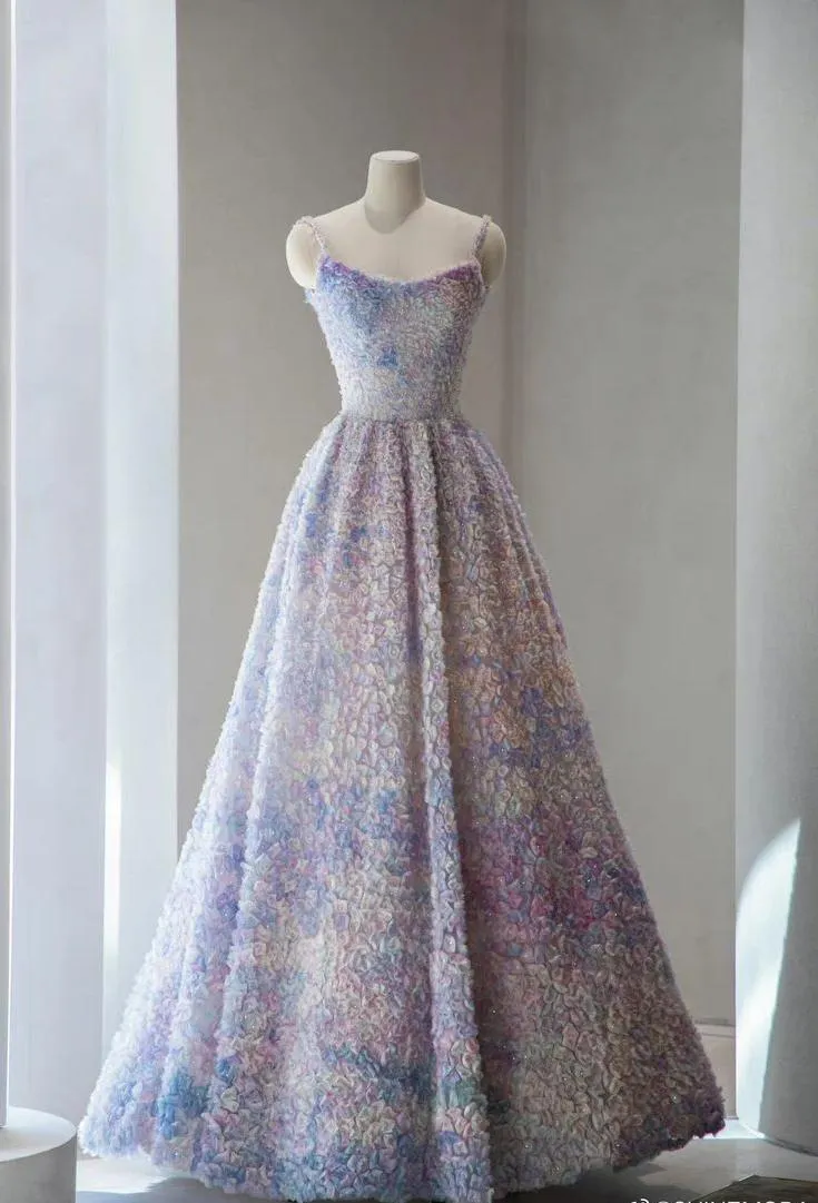 A-Line Spaghetti Strap Tulle Applique Long Prom Dress Adult Ceremony Birthday Dress HZ1108