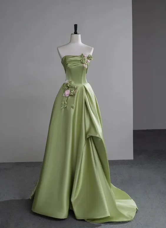 Beautiful Green A-Line Strapless Satin Applique Long Prom Dress Cute Birthday Dress Formal Evening Dress HZ1108