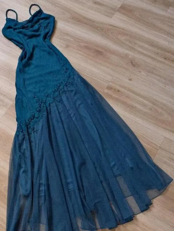 Teal Spaghetti Strap Chiffon Beaded Appliqu��| Long Prom Dress Evening Dress HZ1108