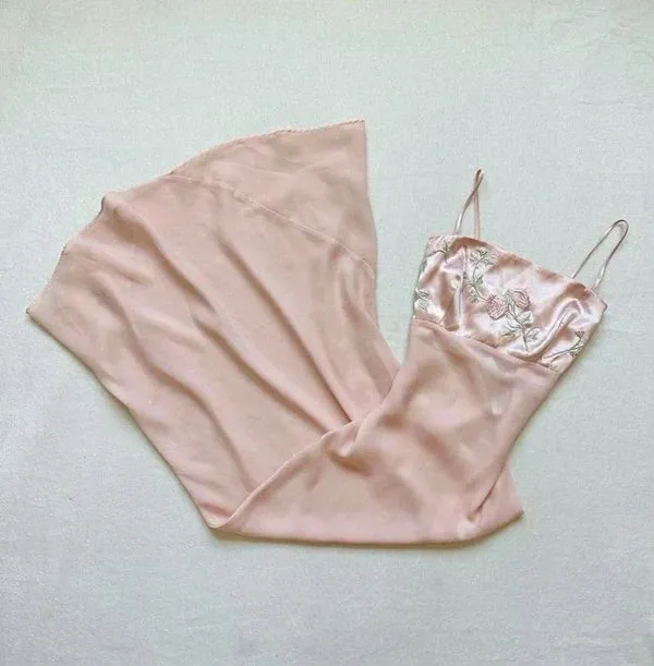 Sweet Pink Spaghetti Strap Chiffon Long Prom Dress for Party Embroidered AppliqueEvening Dress HZ1108