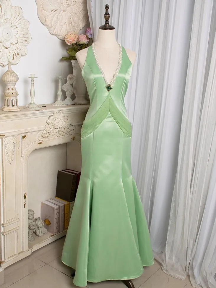Vintage Light Green Mermaid Halter Satin Beaded Long Prom Dress HZ1108