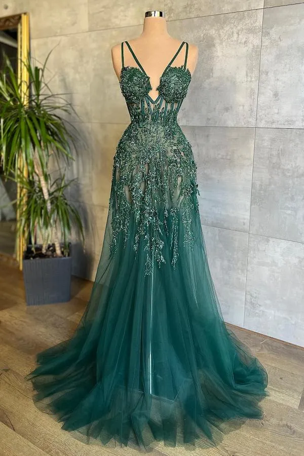 Dark Green A-Line Spaghetti Strap Tulle Beads Long Prom Dress With Appliques HZ1108