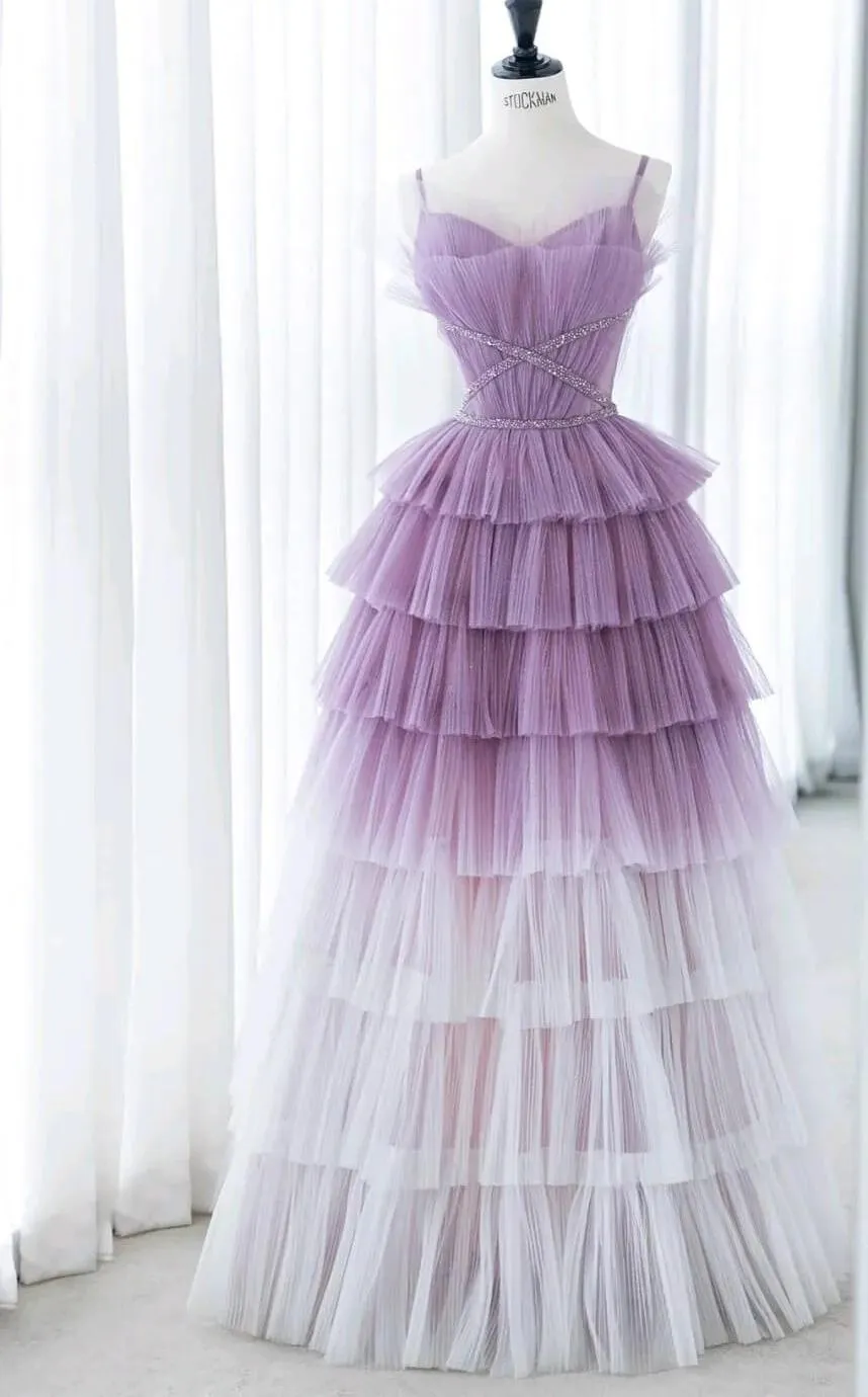 Gradient Purple A-Line Spaghetti Strap Tulle Sequin Long Prom Dresses for Birthday&Graduation HZ1108
