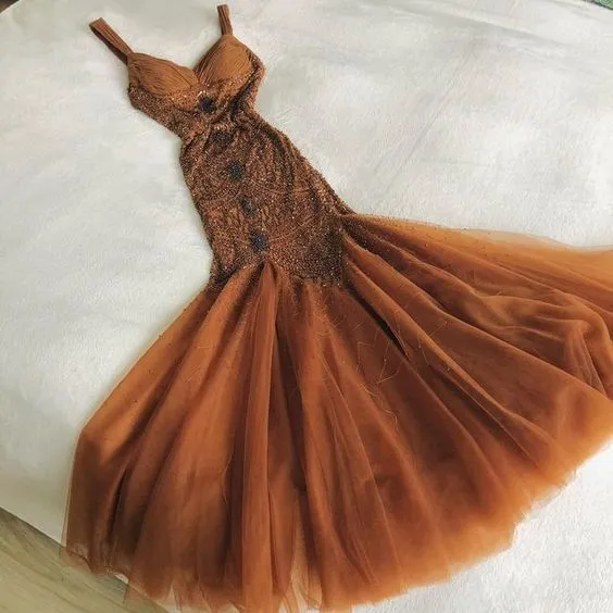 Elegant Brown Mermaid Spaghetti Strap Chiffon Tulle Beaded Long Prom Dress Birthday Dress HZ1108