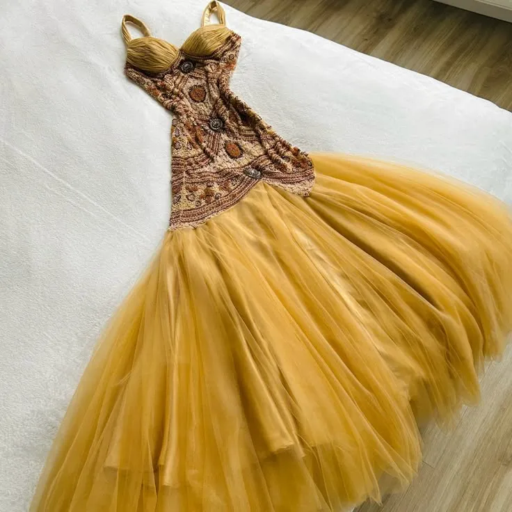 Vintage Yellow Mermaid Tulle Chiffon Long Prom Dress Pretty Birthday Dress HZ1108