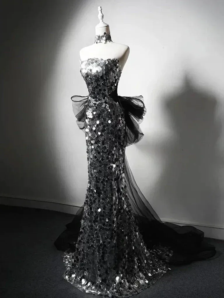 Modest Silver Mermaid Strapless Sequin Tulle Long Prom Dress Formal Evening Dress HZ1108 - Image 2