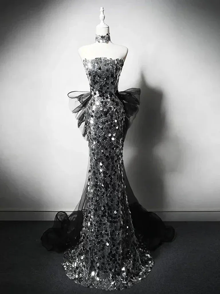 Modest Silver Mermaid Strapless Sequin Tulle Long Prom Dress Formal Evening Dress HZ1108