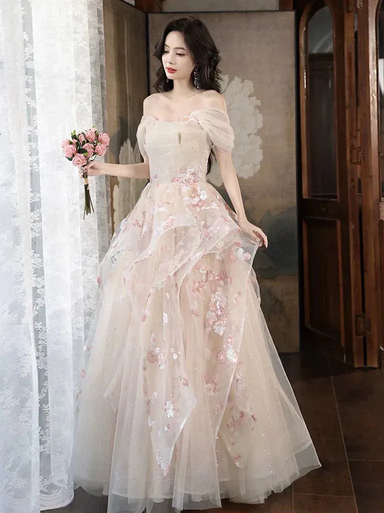 Champagne A-Line Tulle Sequins Long Prom Dress Embroidery Applique Formal Evening Dress HZ1108