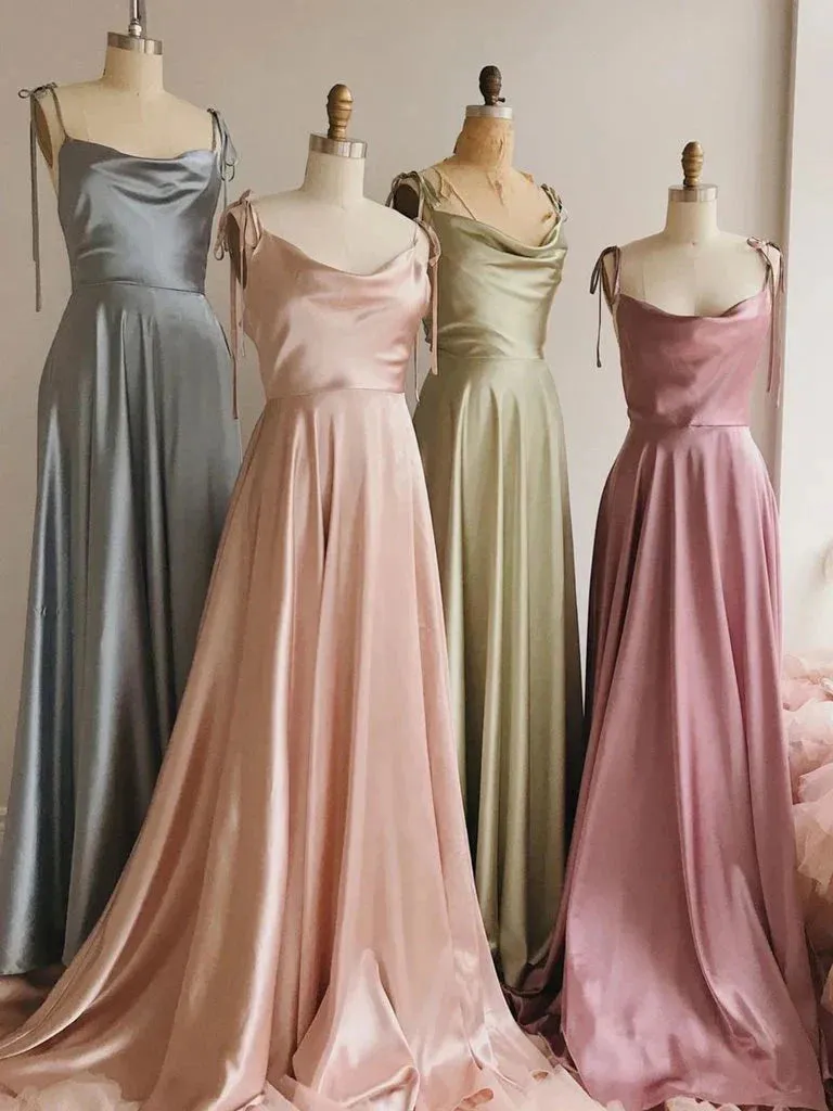 Spaghetti Strap A-Line Satin Simple Long Prom Dress Bridesmaid Dress HZ1108