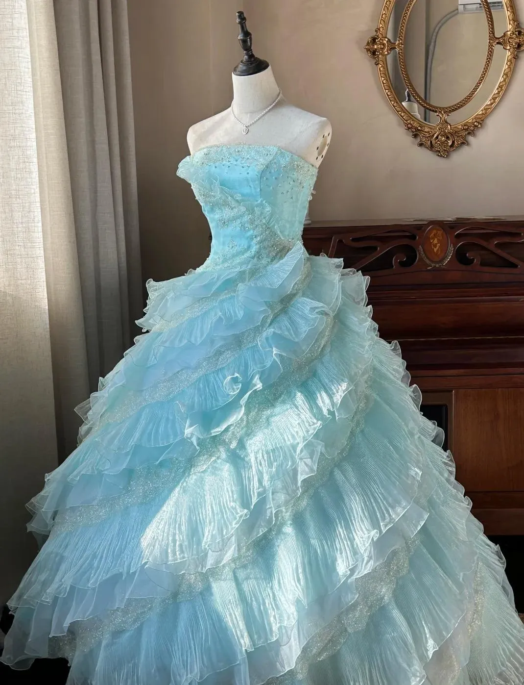 Cute Sky Blue A-Line Strapless Tulle Beaded Long Prom Dress Sequined Layered Adult Ceremony Dress HZ1108
