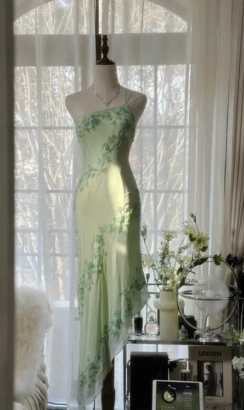 Fairytale Light Green Simple Bodycon Party Dresses Elegant One Shoulder Chiffon Applique Beaded Prom Dress HZ1108