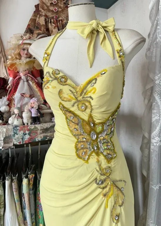 Elegant Yellow Mermaid Formal Dresses Halter Sequin Diamond Long Prom Dress Birthday Party Outfit HZ1108 - Image 2