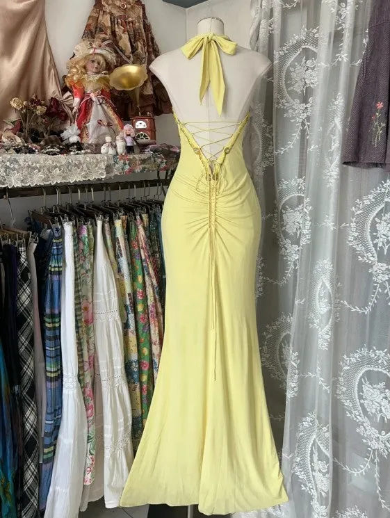 Elegant Yellow Mermaid Formal Dresses Halter Sequin Diamond Long Prom Dress Birthday Party Outfit HZ1108 - Image 3