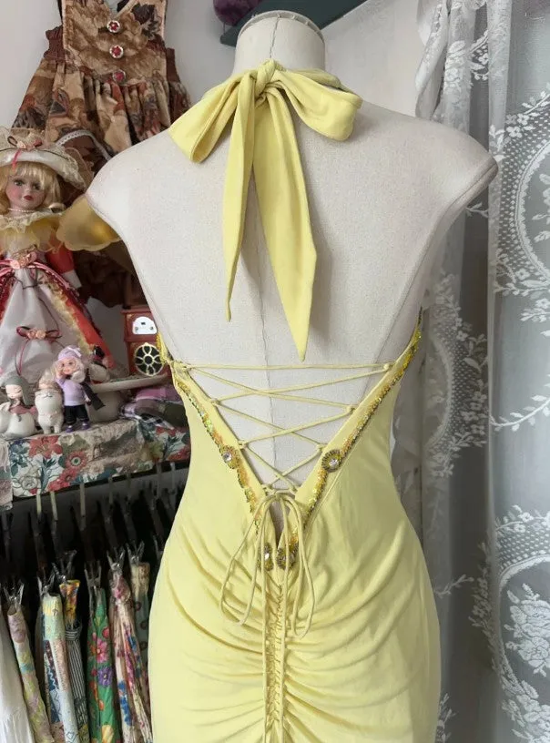 Elegant Yellow Mermaid Formal Dresses Halter Sequin Diamond Long Prom Dress Birthday Party Outfit HZ1108 - Image 5