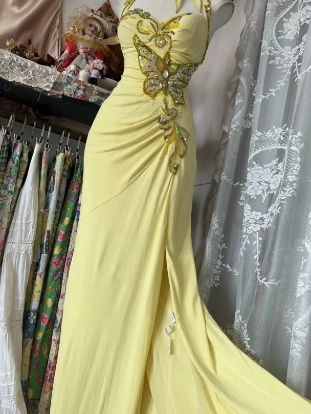 Elegant Yellow Mermaid Formal Dresses Halter Sequin Diamond Long Prom Dress Birthday Party Outfit HZ1108 - Image 6