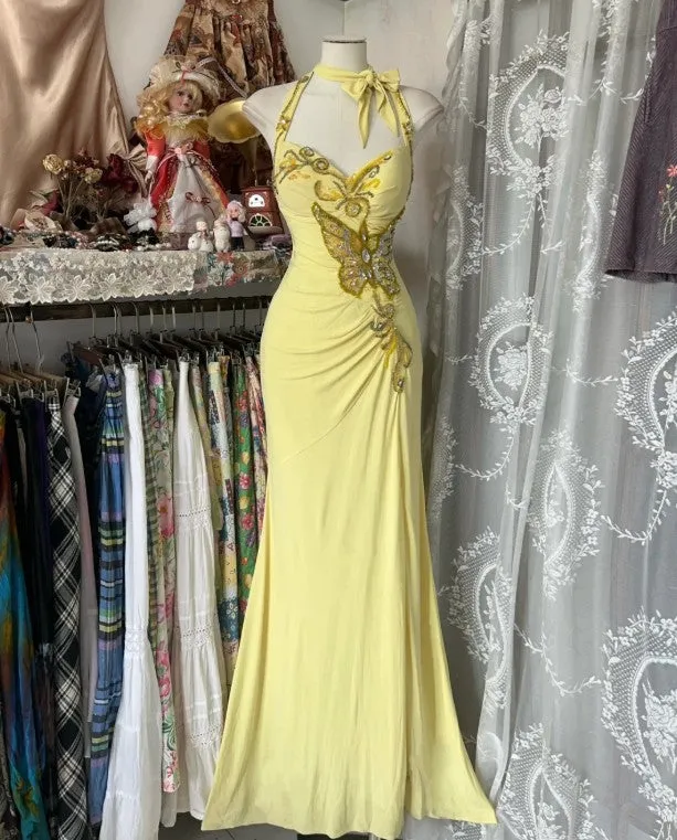 Elegant Yellow Mermaid Formal Dresses Halter Sequin Diamond Long Prom Dress Birthday Party Outfit HZ1108