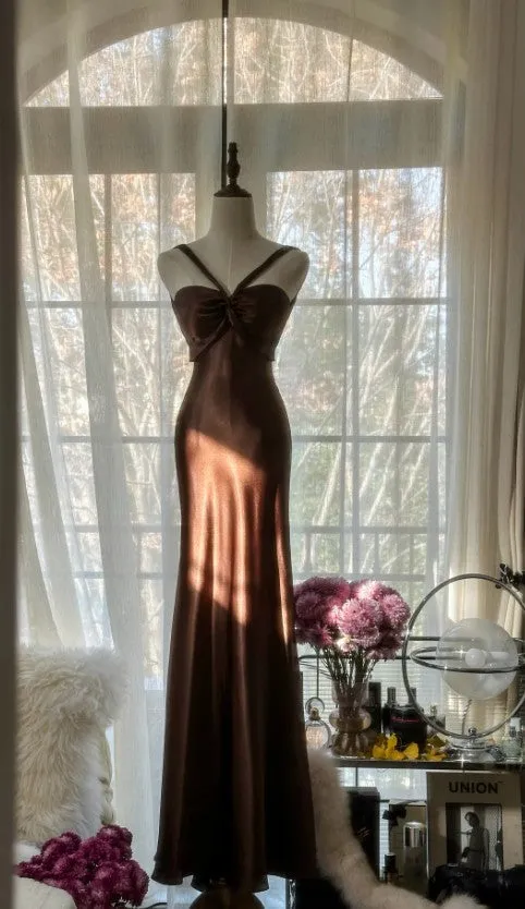 Vintage Chocolate Mermaid Sweetheart Neck Satin Long Prom Dress Elegant Evening Gown HZ1108