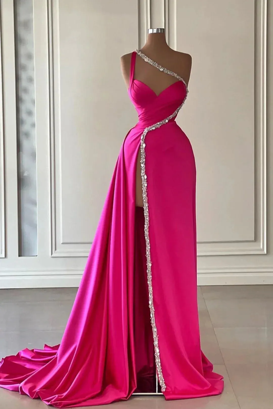 Elegant Pink Long One Shoulder Sleeveless Prom Dress Long Slit Online HZ1108
