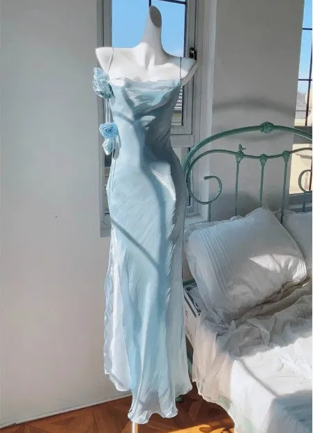 Gentle Blue Bodycon Dress Spaghetti Strap Chiffon Long Prom Dress Graduation Prom Dress HZ1108