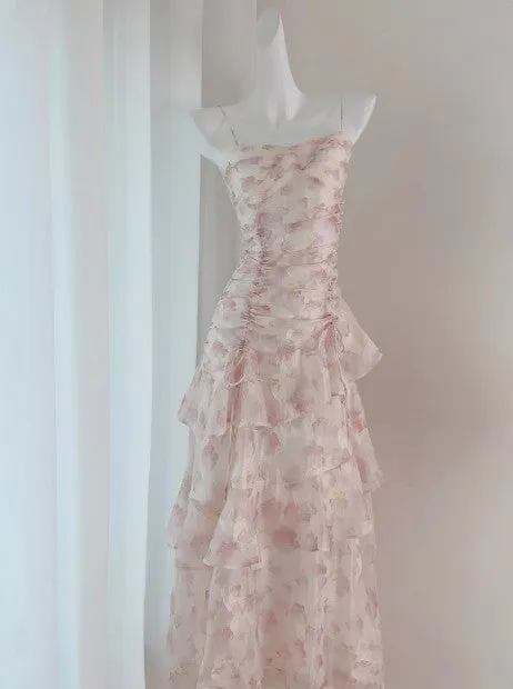 French Floral Dress Suspender Chiffon Long Dress HZ1108