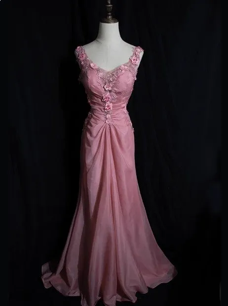 Gray Pink Retro Mermaid V-neck Chiffon Beaded Long Prom Dress Sweet Applique Birthday Dress HZ1108